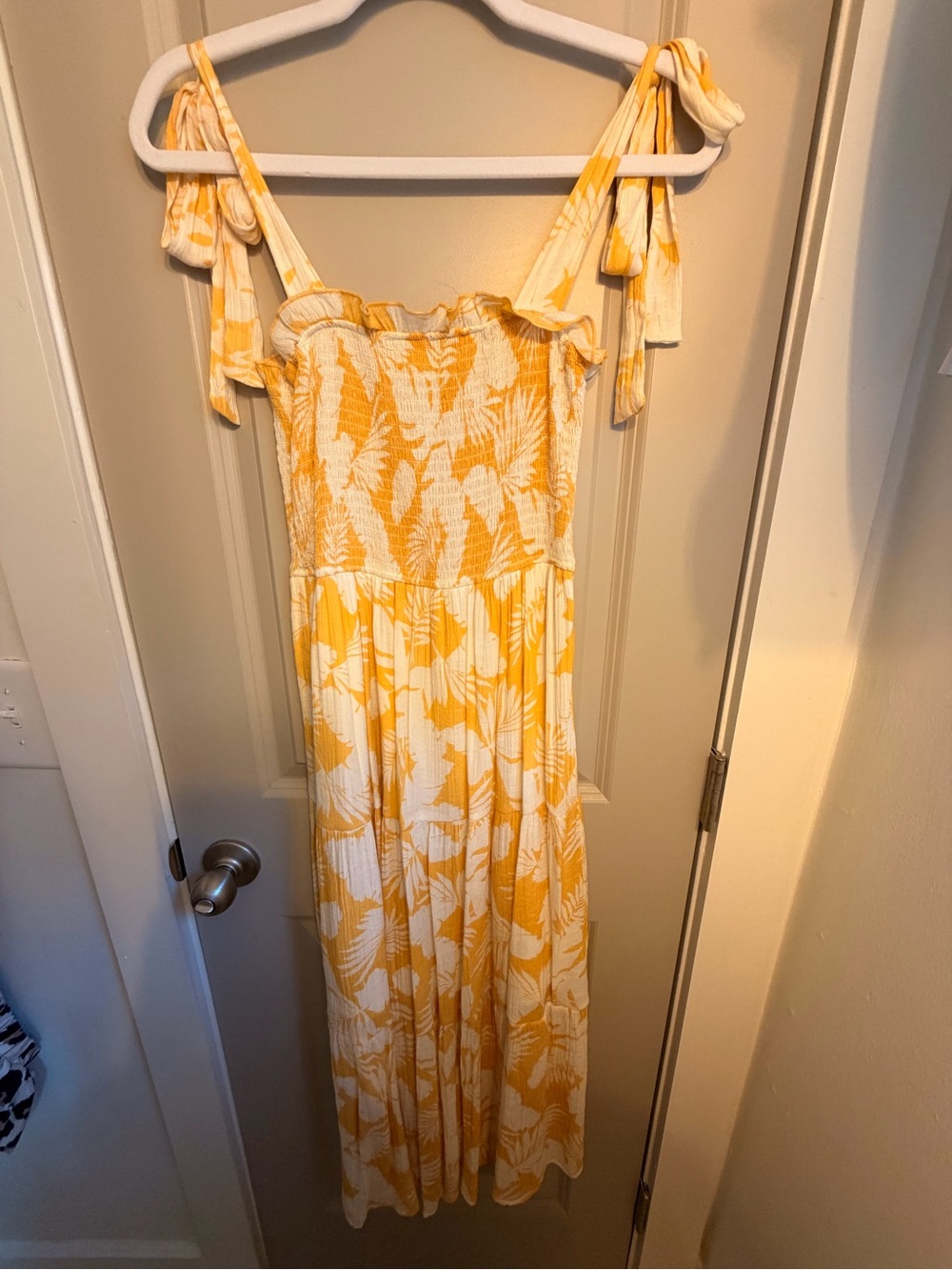 Yellow and White Tropical Print Tie-Strap Maxi Dress